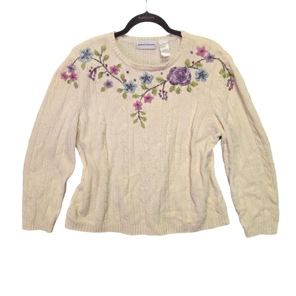 Alfred Dunner Grandmacore Cottage Cozy XL Cream Cable Knit Floral Embroidered Sw